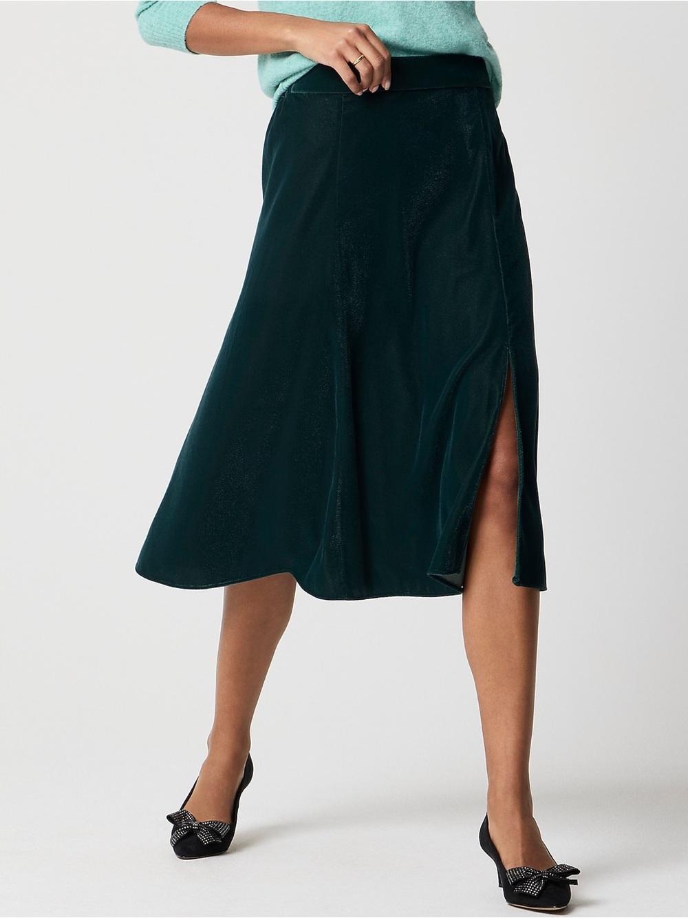 Women's Dark Green Velvet Midi Skirt with Side Slit